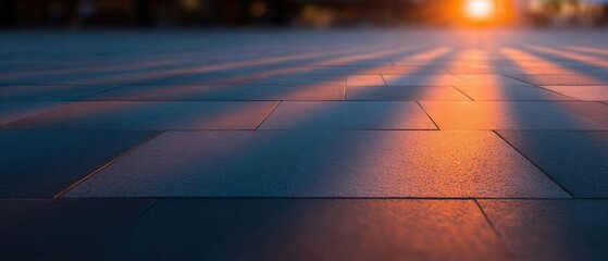 Modern Terrace Paving Stone Tiles with Warm Golden Sunset Light and Long Shadows Background for Luxury Architectural Design and Exterior Flooring Mockup