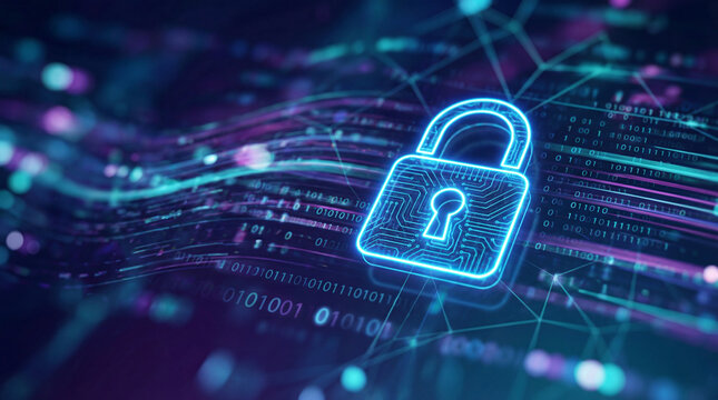 A luminous blue padlock graphic is embedded within vibrant flowing data streams emphasizing complex information security challenges.