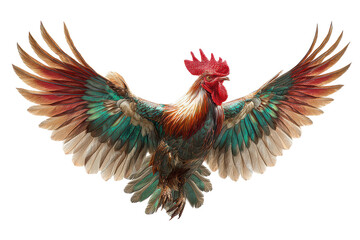 Obraz premium A colorful-feathered rooster is soaring through the air, showcasing its vibrant plumage against a clear sky, isolated on transparent background