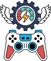 A black and white drawing of a video game controller with a gear © toonsteb