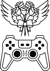 A black and white drawing of a video game controller and a bouquet of roses © toonsteb