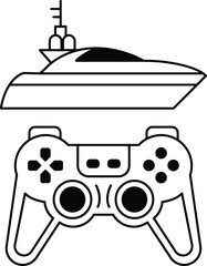A black and white image of a boat and a video game controller © toonsteb