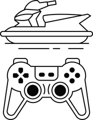 A black and white drawing of a video game controller and a jet ski © toonsteb