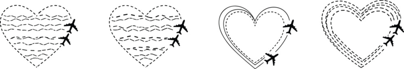 Airplane heart flight path vector illustration, travel romance artwork, decorative aviation motif, love and journey inspired design, black silhouette graphic © MSTIRIN