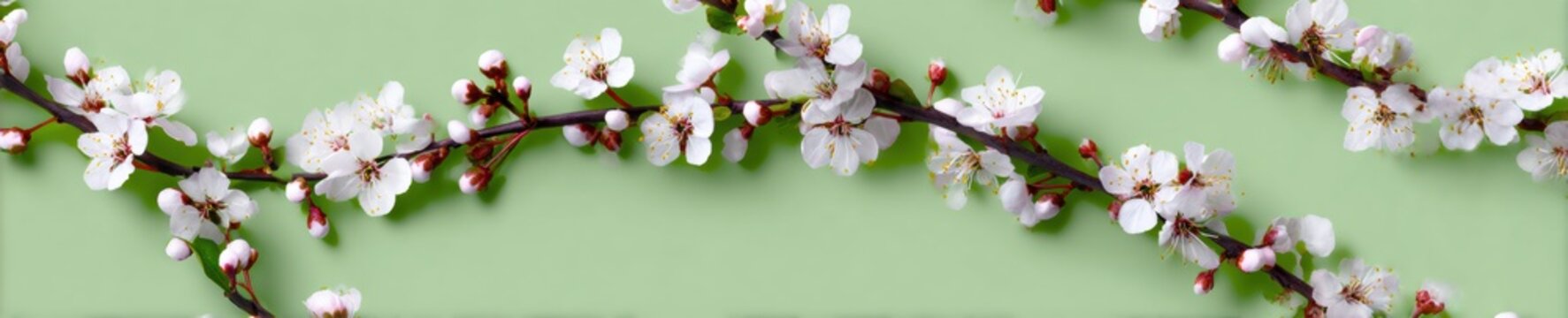 Cherry blossom branches with white flowers blooming on mint green background, spring floral composition for seasonal greeting card banner or web header template