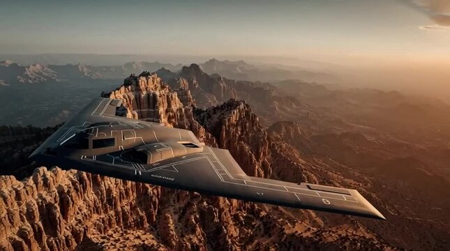 Futuristic Stealth Bomber Flying Over Desert Canyon at Golden Hour Sky