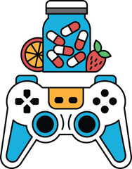 A black and white drawing of a video game controller with a bottle of pills © toonsteb