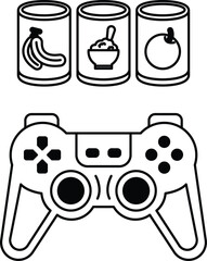 A black and white image of a video game controller with a banana, a can of soup © toonsteb