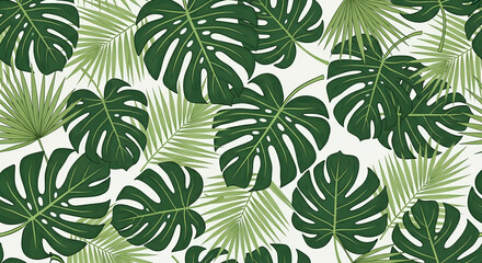 Fototapeta premium Seamless tropical pattern with monstera and palm leaves a vibrant green botanical background for summer designs and exotic decor
