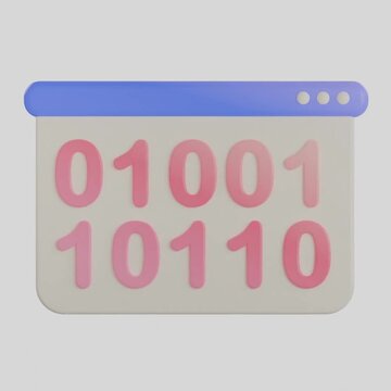 Creative 3D representation of a browser window displaying binary digits zero and one for data processing concepts