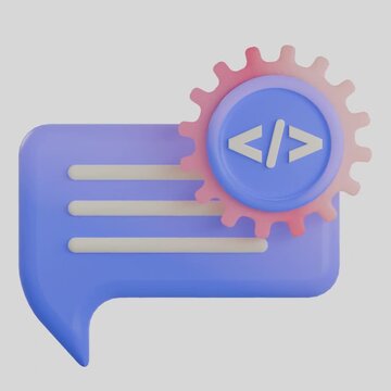 3D speech bubble icon featuring a gear and code brackets for developer communication and support