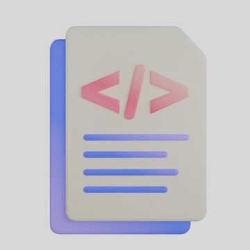 Minimalist 3D render of code script files with brackets and lines of text for programming concepts