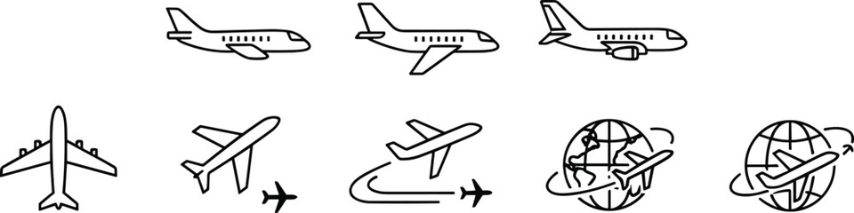 Airplane vector illustration collection, aviation travel icons artwork, global transportation design element, flight graphic set, international journey motif © MSTIRIN