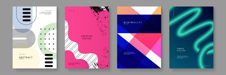 Fototapeta premium A diverse set of four abstract posters featuring neo-memphis geometry pink grunge textures bold colorful triangles and 3D liquid shapes