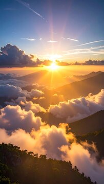 A serene mountain landscape at sunrise above the clouds