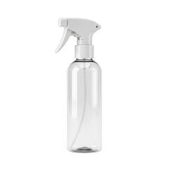 Clear plastic spray bottle with white trigger isolated on transparent background