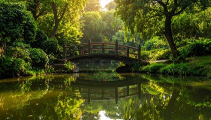 Fototapeta premium A rustic wooden footbridge creates a peaceful forest pathway over a flowing river, connecting a lush green park trail through the summer trees and nature landscape