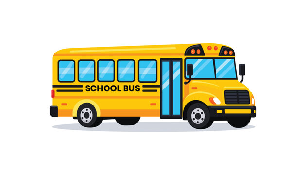 School bus cartoon in simple flat style white background. Bright yellow bus illustration perfect for education themes, back to school designs, kids projects, transportation graphics