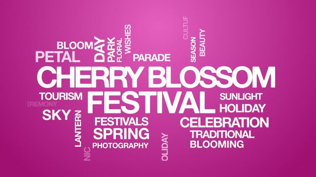 Cherry Blossom Festival concept Animated Tag Word Cloud kinetic typography, Text Design Animation typography seamless loop video motion graphics Intro Wordart hanami pink background bg backdrop screen