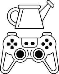 A black and white image of a video game controller and a watering can © toonsteb