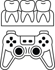 A black and white image of a video game controller and three teeth © toonsteb
