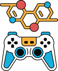 A black and white image of a video game controller with a molecule on the side © toonsteb