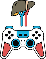 A black and white image of a video game controller with a red © toonsteb