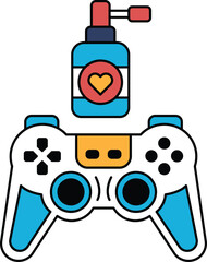 A black and white drawing of a video game controller with a bottle of lotion nex © toonsteb