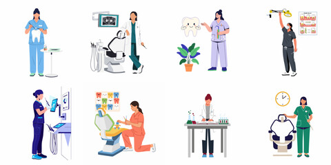 Diverse female dental professionals performing various oral healthcare tasks, from patient examination and education to research, highlighting modern dentistry and clinic operations.