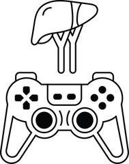 A black and white image of a video game controller with a red © toonsteb