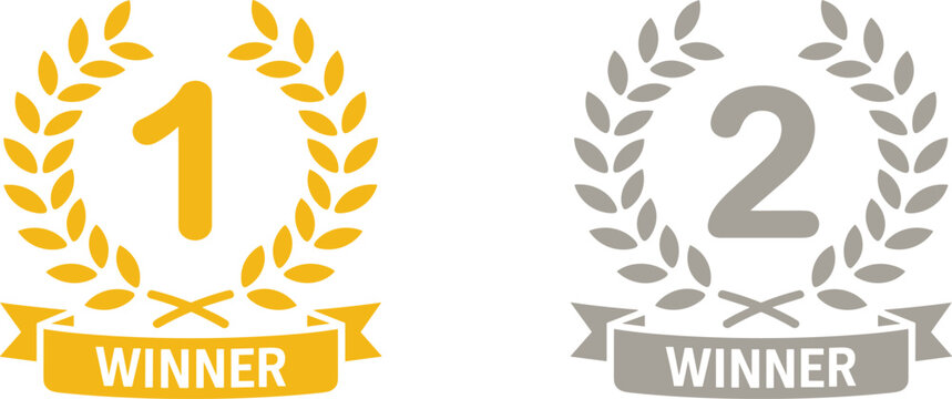 Winner laurel wreath icon set, gold and silver trophy for first, second place, award and achievement
