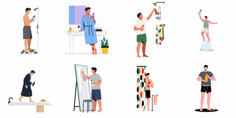 Men's personal care routine illustrations: showering, grooming, and using various bath products for daily hygiene and self-care.