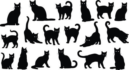 Black cat silhouettes vector illustration, diverse feline poses artwork, decorative animal icons, playful pet design elements, artistic nature inspired graphics, creative feline motif collection © MSTIRIN