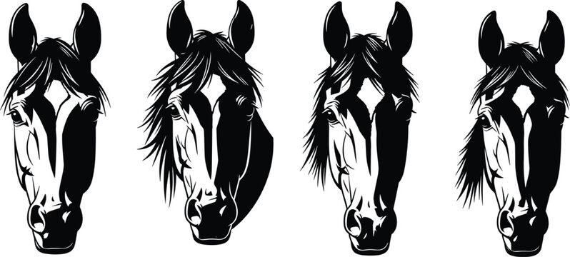 Stylized horse head silhouettes in black and white, detailed features, forward facing design, abstract animal vector illustration concept