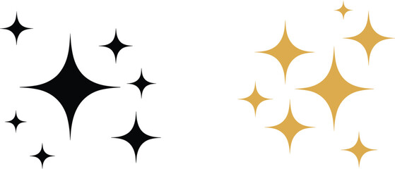 Black and gold sparkling stars icon set, magic twinkle elements for celebration, night sky and decoration © Billal