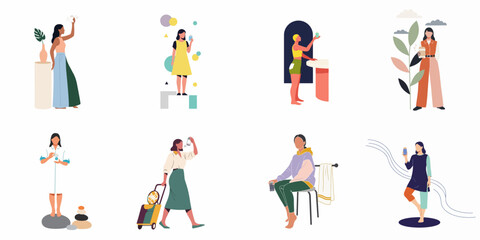 Modern women's diverse self-care routines and wellness practices: exploring beauty, hygiene, health, and consumer choices in everyday life through vibrant illustrations.