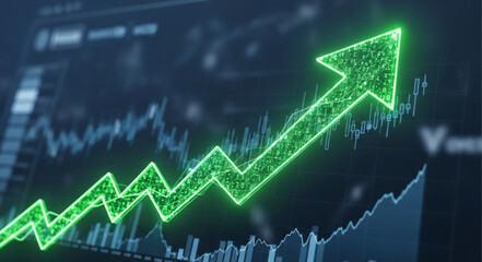 Green arrow graph showing upward trend and stock market data. © Bengil