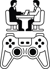 Two men sitting at a table with a laptop and a video game controller © toonsteb