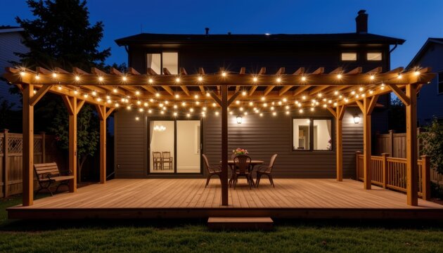 Outdoor wooden patio deck with string lights glowing on a modern house at night