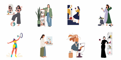 Collection of modern flat illustrations depicting women engaged in various hair care and styling routines, featuring hair clay and beauty products for self-care and personal grooming.