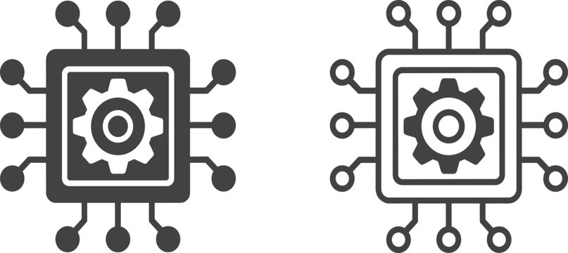 Electronic microchip icon set, CPU processor with gear symbol for technology, hardware engineering and digital circuit
