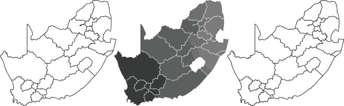 South Africa Map Silhouette Collection Featuring Detailed Provincial Borders in Outline and Solid Grey Infographic Style for Educational and Business Presentation.