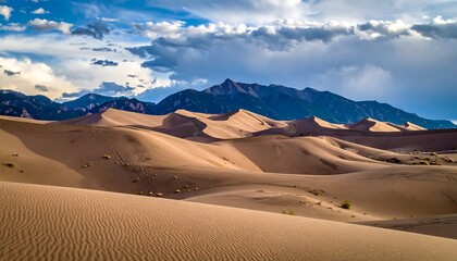 A desert landscape with sand dunes and mountains