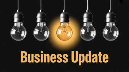 Fototapeta premium Five classic hanging light bulbs on a dark backdrop with one central bulb glowing warmly representing a new idea or a significant business update