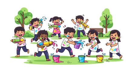 Cheerful Kids Playing Colorful Water Guns