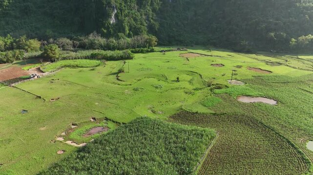 Phong Nha &ndash; Ke Bang National Park, Bo Trach, Quang Binh, Central Vietnam &ndash; 4K aerial footage of UNESCO Heritage site with Son River, limestone karst mountains, rice fields, tropical forest & cave