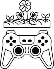 A black and white image of a video game controller with a flower on top of it © toonsteb