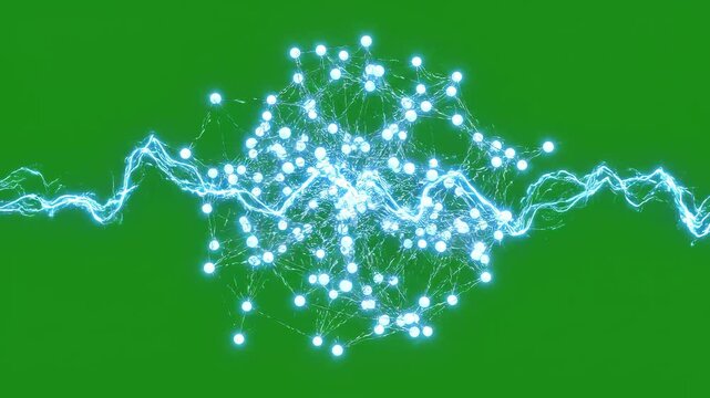 Network of interconnected nodes and lines on green background.
