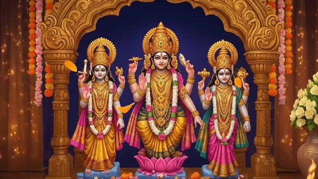 beautiful Indian woman offering Hindu worship time aarti, pooja or puja to god Rama or Ram with goddess Sita for religious, story of Ramayana, Hindu festival Ram navmi, Dashehara, Diwali concept