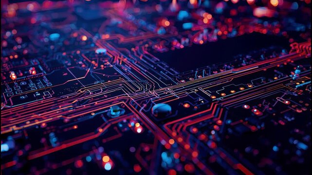 Glowing circuit board neon trace closeup with red and blue electronic component depth